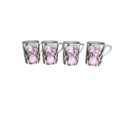 Vintage Fitz & Floyd Cloisonné Purple Iris Porcelain Mugs, 404 Set of 4 
