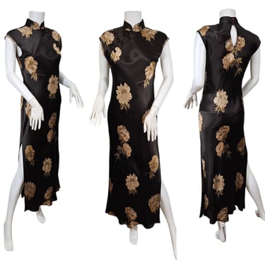 1990s Brown Rayon Satin Floral Print Asian Cheongsam Style Maxi Dress I Sz Lrg I Benjamin A. 