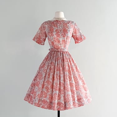 Darling 1950's Coral &amp; Grey Floral Print Day Dress  / Sz S
