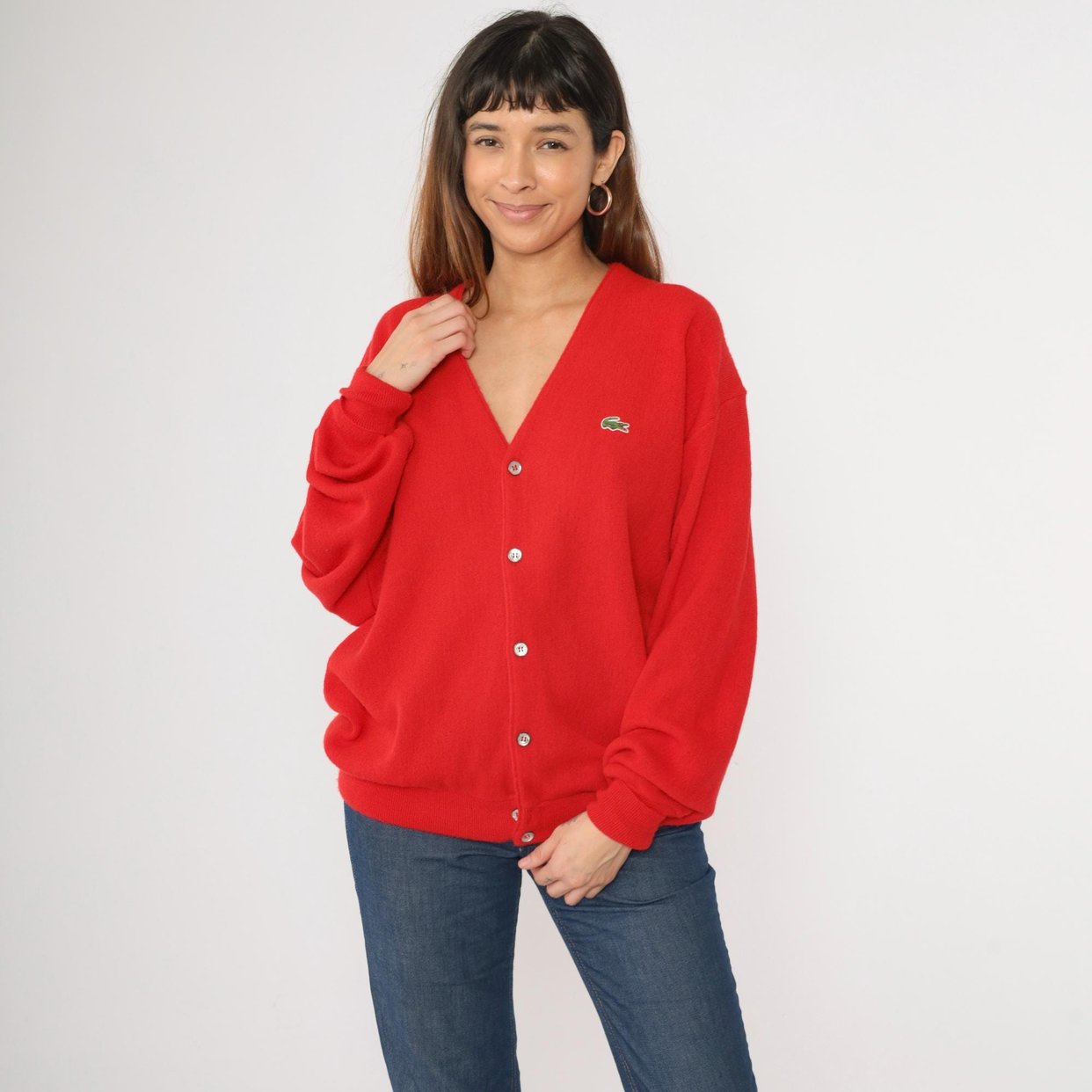 Vintage Red Lacoste Sweater 80s Cardigan Button Up | Shop Exile 
