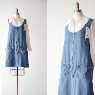 denim pinafore dress | 90s y2k vintage zip front short loose oversized grunge jean mini dress 