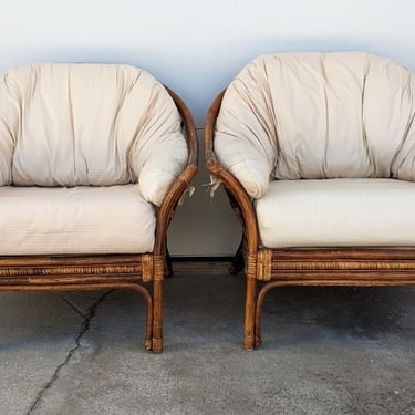 Vintage Rattan Lounge Accent Arm Chairs - Set of 2 