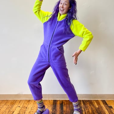 80’s Neon Fleece Yellow Purple Ski Jumpsuit Catsuit Coveralls Zip Up