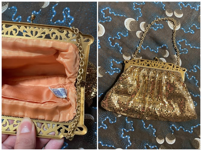Vintage 1950’s Whiting &amp; Davis gold mesh bag in box | metal frame with kiss lock, bridal purse, formal flapper handbag, Christmas gift 