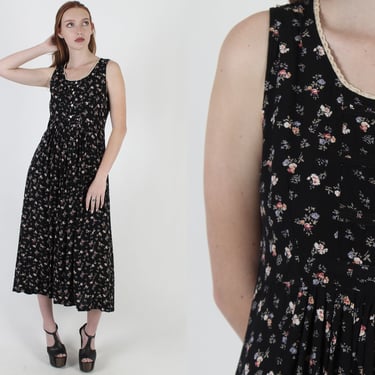 Vintage 90s Black Roses Floral Dress / Gypsy Grunge Festival Dress / Black Tiny Florals Full Skirt Maxi Dress With Pockets 