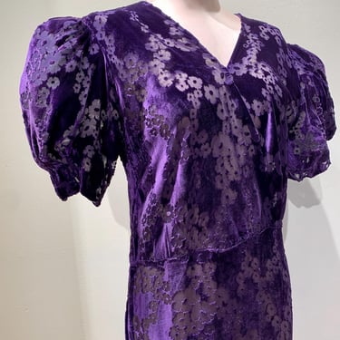 1930's Cut Silk Velvet Dress -Vibrant Purple Burntout Velvet - V Neck - Puffy Sleeves - Size Medium to Large 