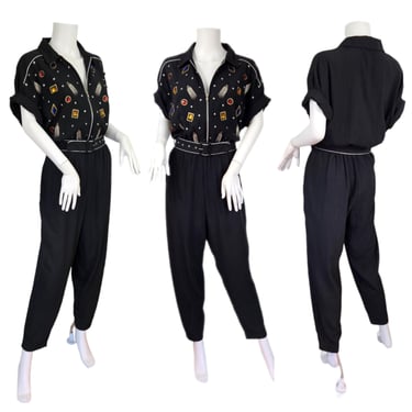 Rafael 1980's Black Crinkle One Piece Military Jumpsuit I Pantsuit I Sz Lrg 