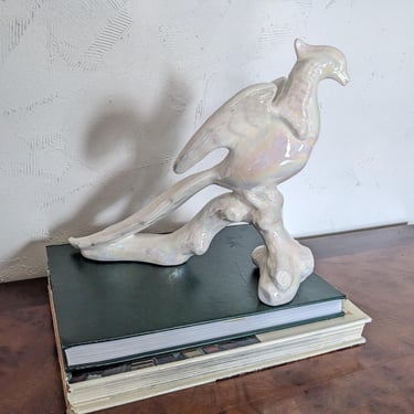 Vintage White Lusterware Ceramic Peacock Bird Statue 