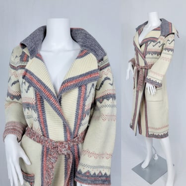 Ivory 1970's Long Space Dye Belted Wrap Sweater Coat I Sz Med I Santa Fe I Aztec Print I Sabra 
