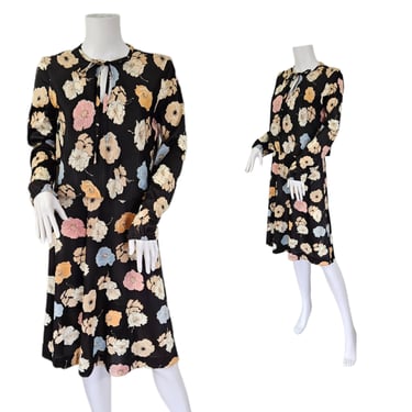 1970's Black Floral Print Poly Dress I Sz Med I Secretary Dress 