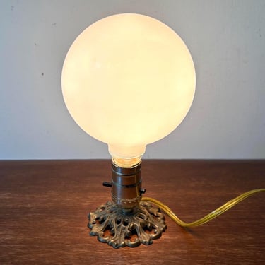 Vintage Brass Floral Pedestal Lamp w Large Globe Light Bulb Included | Elegant Victorian Style Desktop Table Warm Glow Mood Lighting Decor 