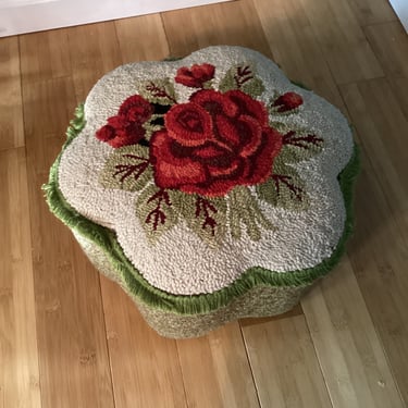 Vintage Footstool Floral Rose Bouquet Needle Punch Tapestry 1940s Era Handmade 