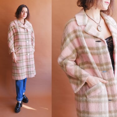 Vintage 60s Pink Plaid Wool Coat/ John Wanamaker/ Size Small Medium 