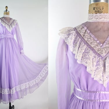 70S Lilac Bohemian Maxi Dress / 70s Lace Dress / Gunne Sax Style / LOVE WITCH / Size XS/S 