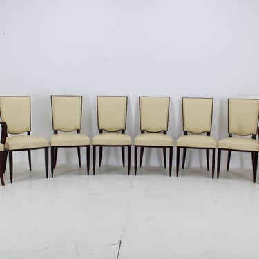 1940s Set of Eight Art deco Dining Chairs in Cream Leather, France  / Vintage Chair / Beige Colour / Mid-century / 