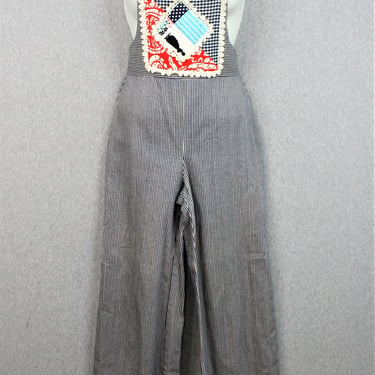 1960-1970s - Overalls - Patchwork - Ticking - by Put-Ons - Cottagecore - Farm Girl - Scarecrow 