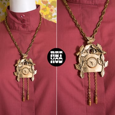 Amazing Vintage 70s Gold Cuckoo Clock Statement Necklace 