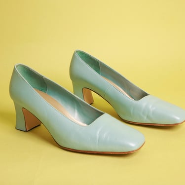 90s Pastel Blue Square Toe Heels Vintage Minimal Chunky Heel Shoes 