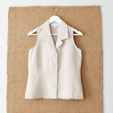 vintage linen top, 90s sleeveless button down shirt 