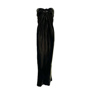 Halston 1976 Green Velvet Strapless Sarong Tie Gown