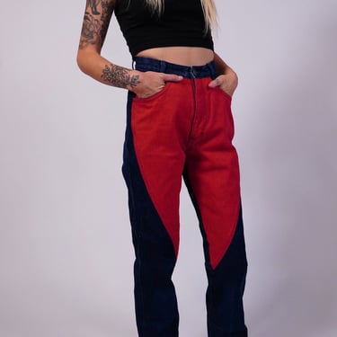Vintage Western Jeans Color Block Red Dark Wash High Waisted Straight Leg Western Pants Ultra High Rise Long Length 25 26 Waist 