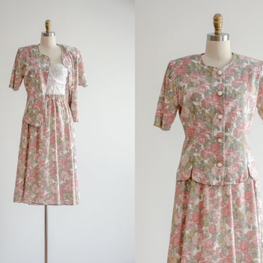 floral skirt set | 80s 90s vintage pink rose linen style cottagecore skirt blouse 2 piece set 