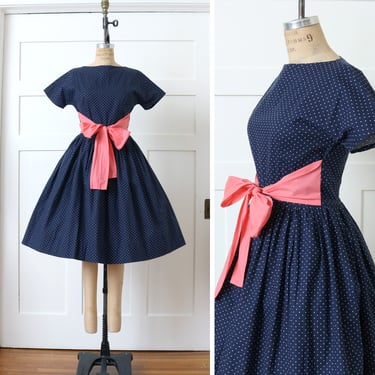 navy blue & white polka dot full skirt dress • 1950s style big waist bow twirl dress 