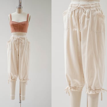 white cotton pants | 90s y2k vintage ivory cream elastic drawstring waist cargo style cropped pants capris 