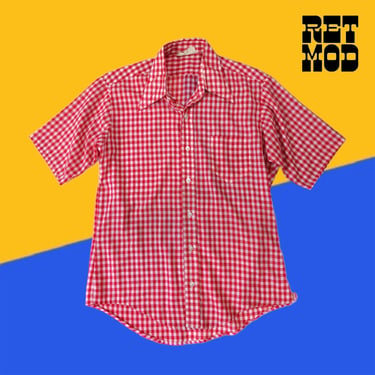 Summery Vintage 60s 70s Red Gingham Plaid Short Sleeve Cotton Men's Shirt 