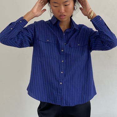 90s cotton striped blouse / vintage blue with black awning stripe pinstripe cotton pocket blouse shirt | Large 