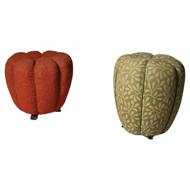 Pair of Art Deco strawberry Pouffes by Jindřich Halabala, 1950s, Czechoslovakia 