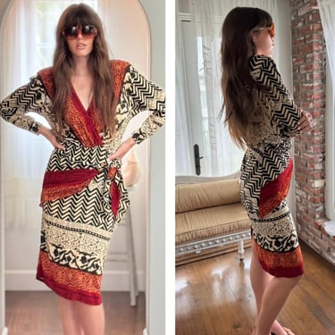 70s 80s Boho Geo Print Plunging neckline Midi Dress Sash S M 