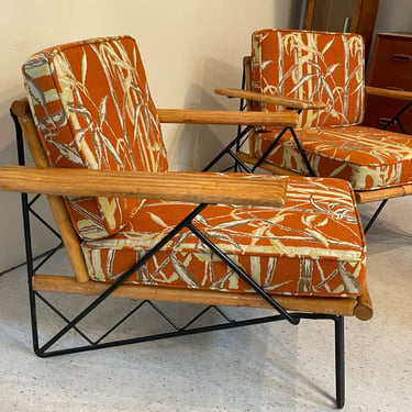 PAIR Wrought Iron and Rattan Club Chairs | 1950s tiki furniture | orange bamboo print upholstery 