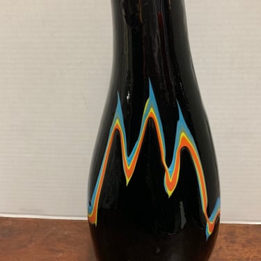 Vintage Handblown Opaque Black Glass and Multicolor Vase 
