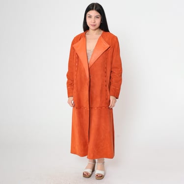 Vintage 70s Orange Suede Coat Long Duster Leather Stitch Trim Western Bohemian Fall Layer Retro 1970s Boho Midi Jacket Large L 