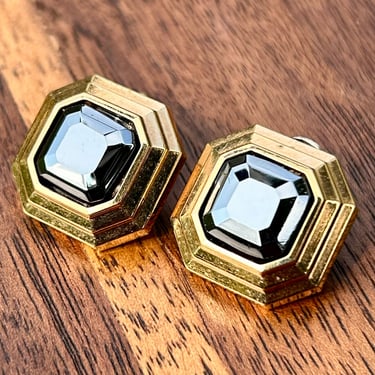 Vintage Landon Germany Earrings Gold Plated Hematite Gemstone Modernist Art Deco Architectural Sky Scraper Octagonal 