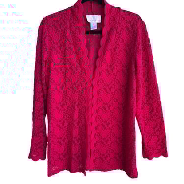 Susan Graver Style Red Lace Semi Sheer Scalloped Edge Open Front Cardigan M