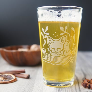 Cat Reading Beer Pint Glass - etched permanently 