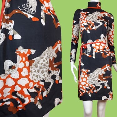 Psychedelic horse print dress. Vintage 1970s animal print. Polyester, long sleeves, shift. Autumn colors. (S) 