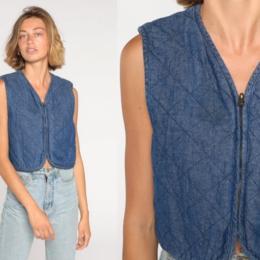 Quilted Denim Vest 90s Cropped Vest Retro Sleeveless Zip Up Biker Boho Crop Top Grunge Hipster Streetwear Vintage 1990s Liz Claiborne Small 