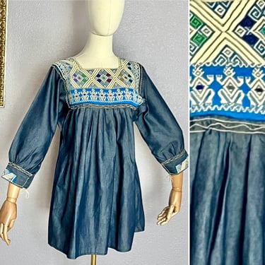 Bright Embroidery Top, Guatemala, Hippie Boho, Denim Cotton Huipil Vintage Blouse Tunic 