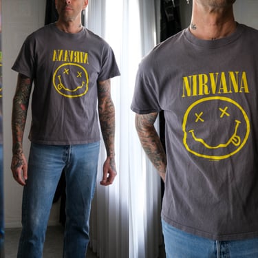 Vintage NIRVANA 1992 Smiley Face Washed Gray Tee Shirt | 100% Cotton | Anvil Label | 1990s Y2K NIRVANA Grunge Era Rock Band Unisex T-Shirt 