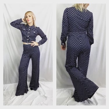 Vintage 60s 70s | Navy MOD Groovy Bellbottoms Pantsuit 2 Piece Suit Set | S 