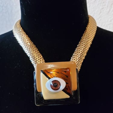 Vintage custom gold mesh necklace with large glass and brown eye by Amanda Alarcon-Hunter for Minx and Onyx 