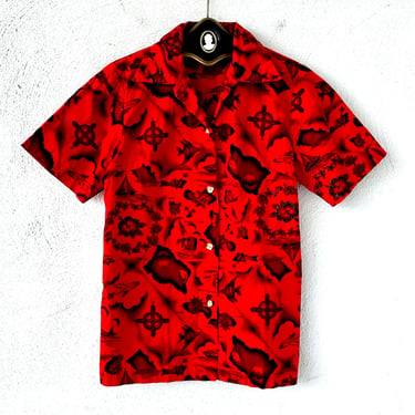 Vintage 50s 60s Hawaiian Aloha Womens Tropical Shirt // Hawaii Floral Red Collared Shirt 