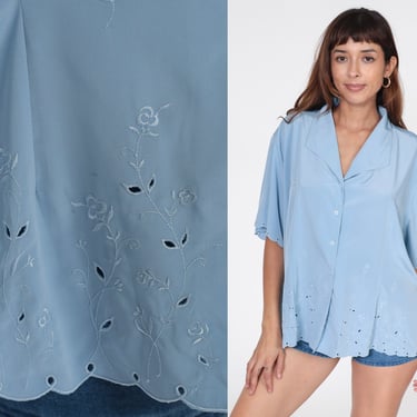 Baby Blue Embroidered Blouse 80s FLORAL Eyelet Top Cutout Button Up Shirt Short Sleeve Cutwork 1980s Vintage Bohemian Boho Plus Size 2xl xxl 