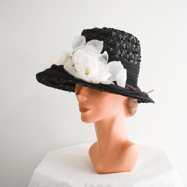 1960s Mr. Frank Black Straw Hat with Sheer White Roses 