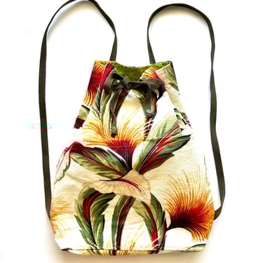 Vintage Hawaiian Barkcloth Backpack Hawaii Tropical Floral Drawstring Bag 
