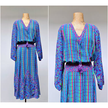 Vintage 1980s Diane Freis Dress, Polyester Georgette Mixed Print Bias Cut Tea Length w/Godet Skirt, Boho Gypsy Style, Medium to Large 