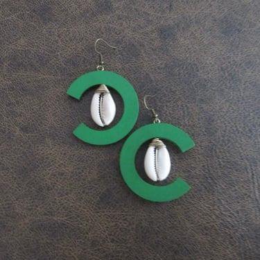 Cowrie shell earrings, Afrocentric dangle earrings, large wooden earrings, big African earrings, bold statement earrings, green earrings 